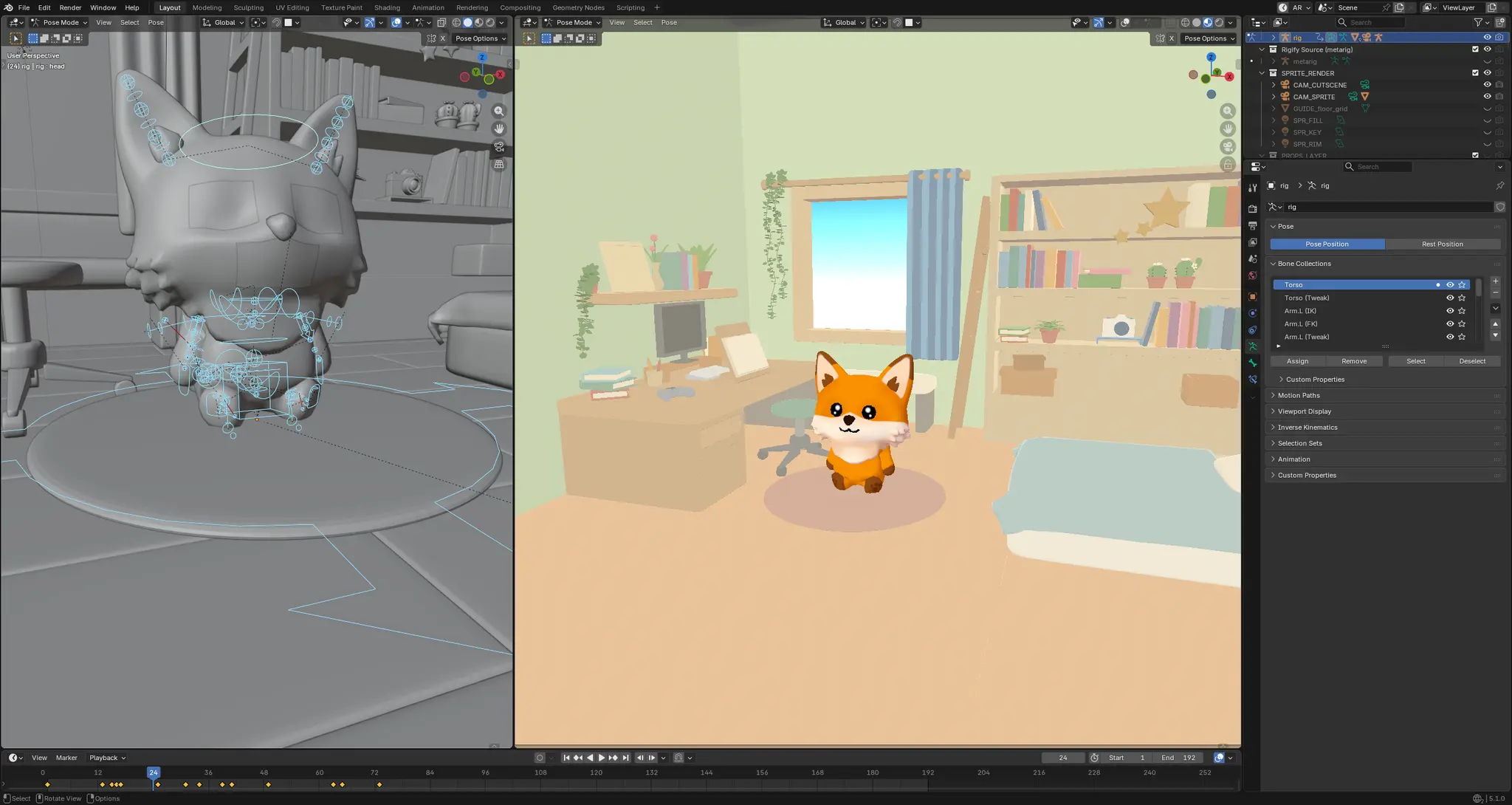 A Blender screenshot: the fox character posed in its 3D bedroom. On the left the fox is in pose mode in untextured grey clay, the rig's control bones drawn over it; on the right the same room finished and shaded, seen through the device camera, with the outliner, the rig's bone collections and a row of keyframes along the timeline.