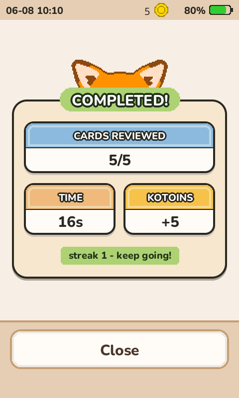 The end of the session on the device: COMPLETED, cards reviewed 5 of 5, 16 seconds, plus 5 kotoins, streak 1.
