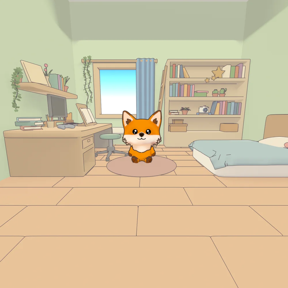The fox sitting on its rug, looking straight at you, with the whole room behind it.