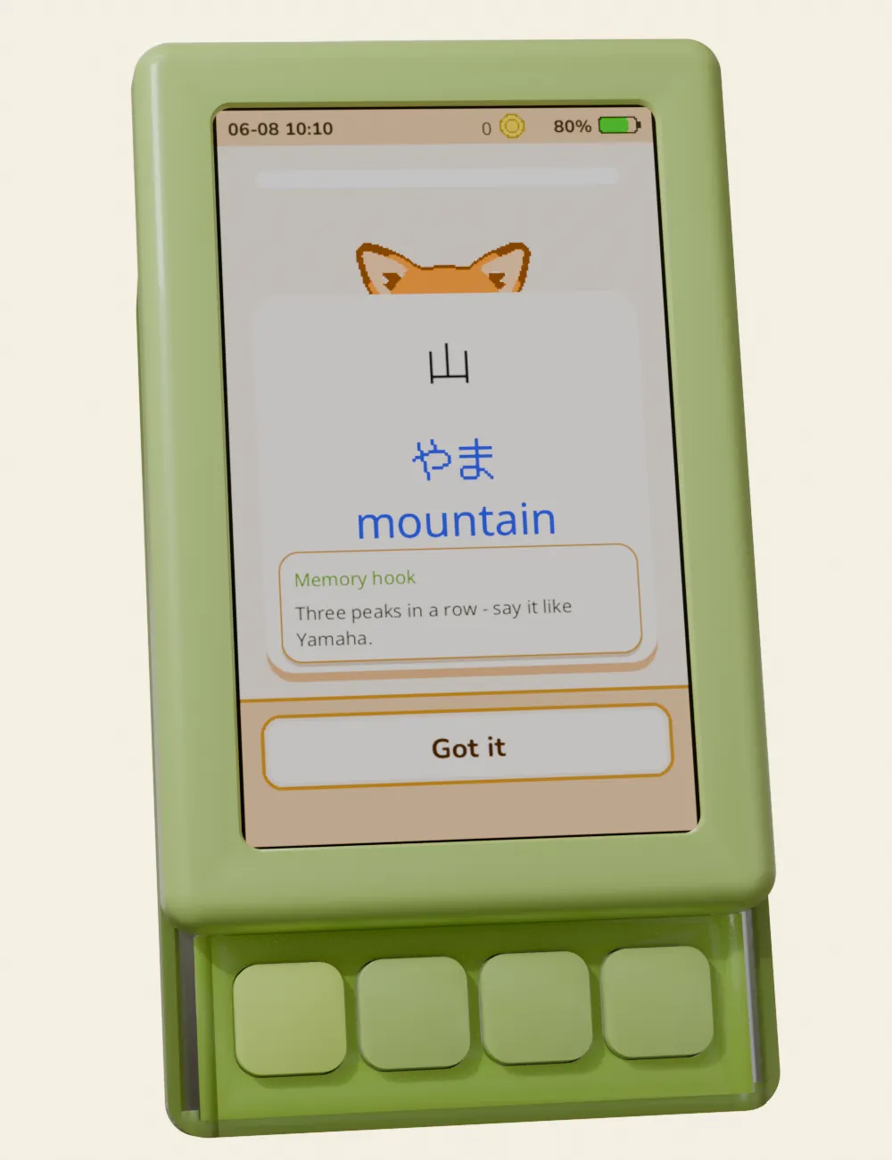 A kotohi device showing the memotechnics screen.